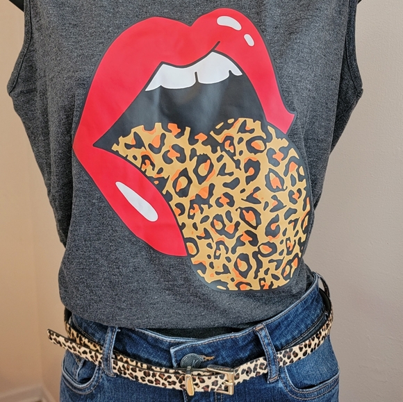 Tops - Red Lips Leopard Print Tongue Tank
